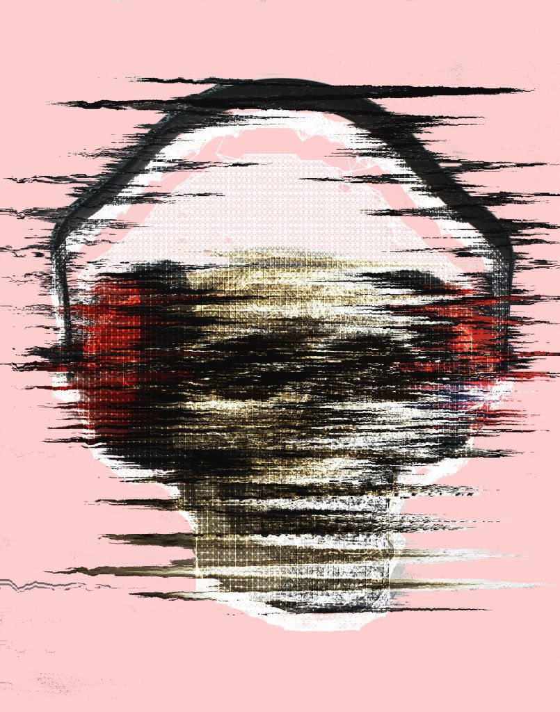Poster design with a glitched and distorted skull with noise-cancelling headphones
